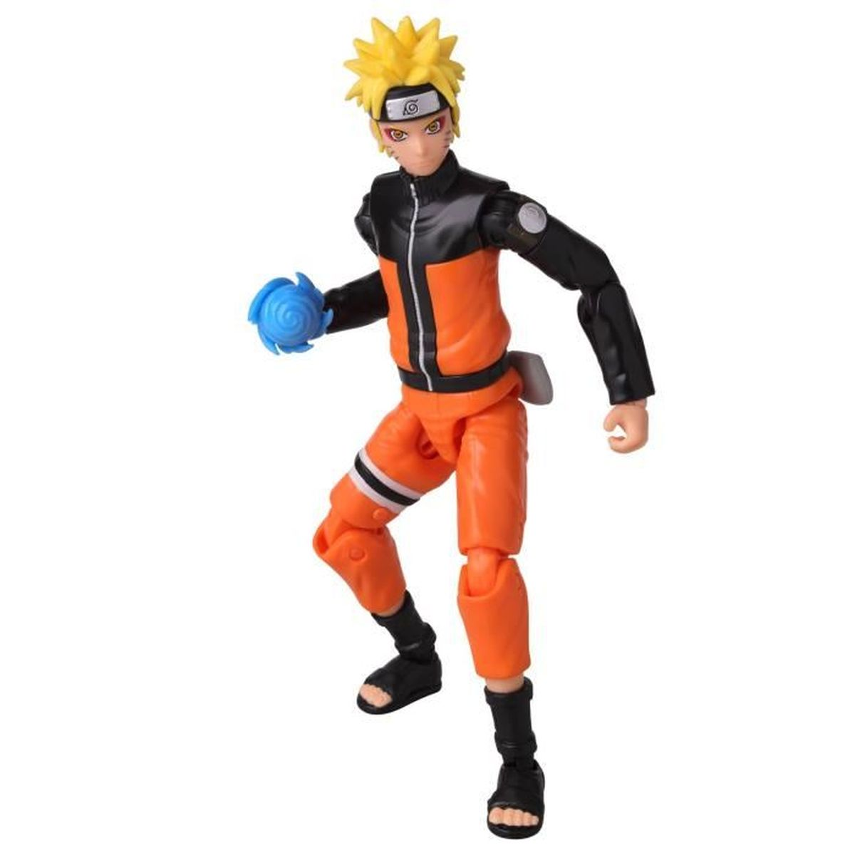 Una figura de acción de Naruto con un atuendo naranja y negro, sosteniendo una bola de energía azul. La figura tiene cabello amarillo.