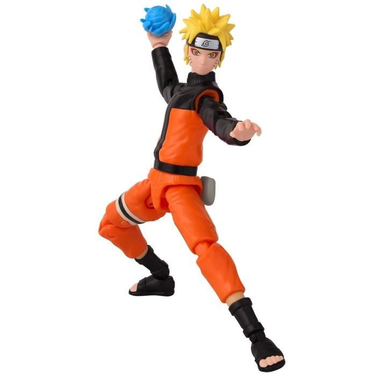 Figura de un personaje con pelo amarillo, traje naranja y negro, sosteniendo una bola de energía azul, en pose dinámica.