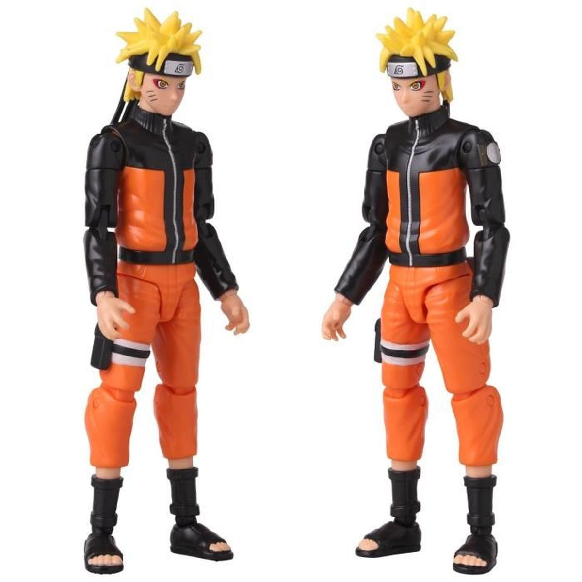 Dos figuras de acción de Naruto. Cada una tiene cabello rubio puntiagudo, atuendo naranja y negro. Están sobre una superficie blanca, con fondo liso.