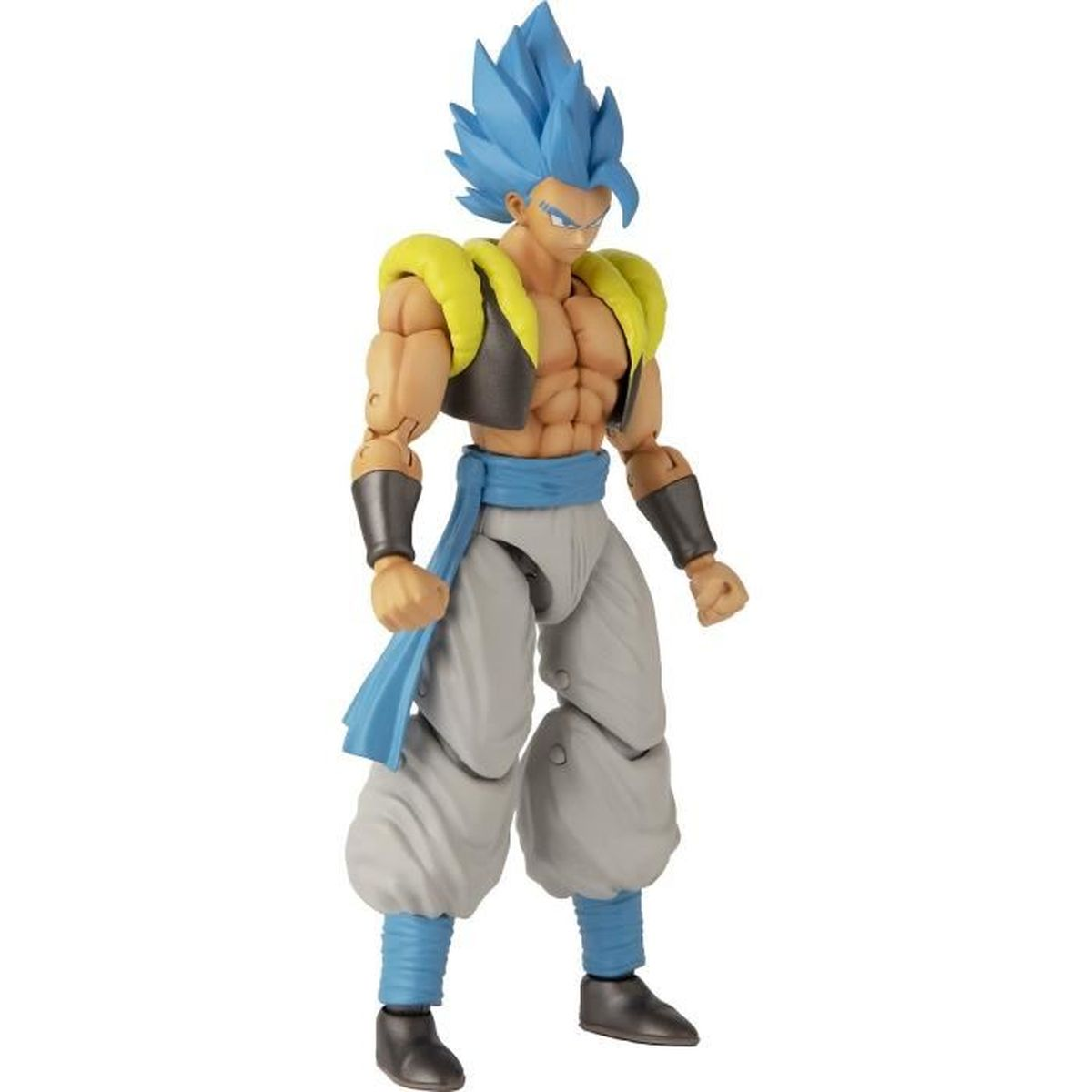 Eine Figur mit stacheligen blauen Haaren, gelben Schulterpolstern und grauer Hose, die auf weißem Hintergrund steht.