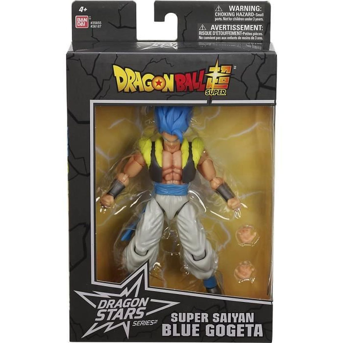 Eine Dragon Ball Super Gogeta Actionfigur in einer Box. Sie hat blaue Haare, gelbe Schultern und eine weiße Hose. Auf der Box steht Super Saiyan Blue Gogeta.