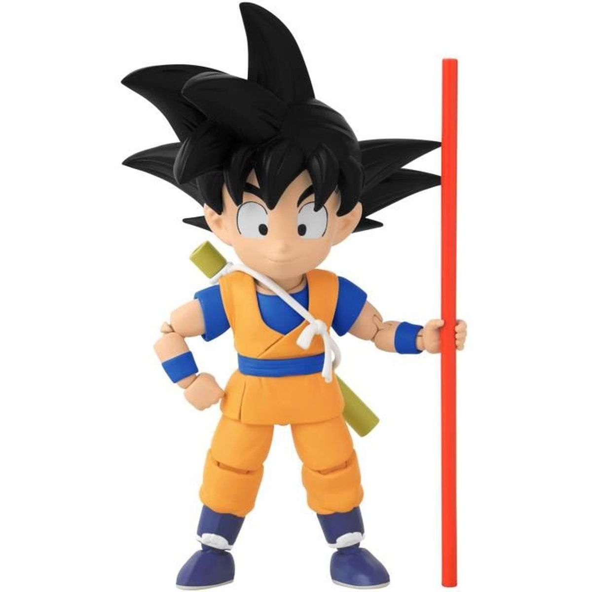 Una figura de Goku con pelo negro, traje naranja y azul, sosteniendo un bastón rojo. Un tubo verde en su espalda.