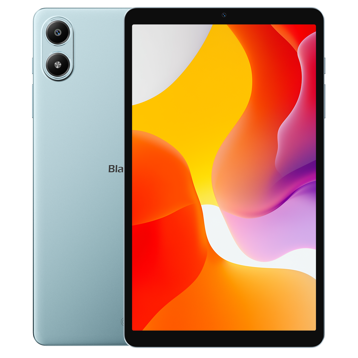 Een tablet met een lichtblauwe achterkant en een scherm met kleurrijke abstracte vormen. De tablet heeft twee camera's.