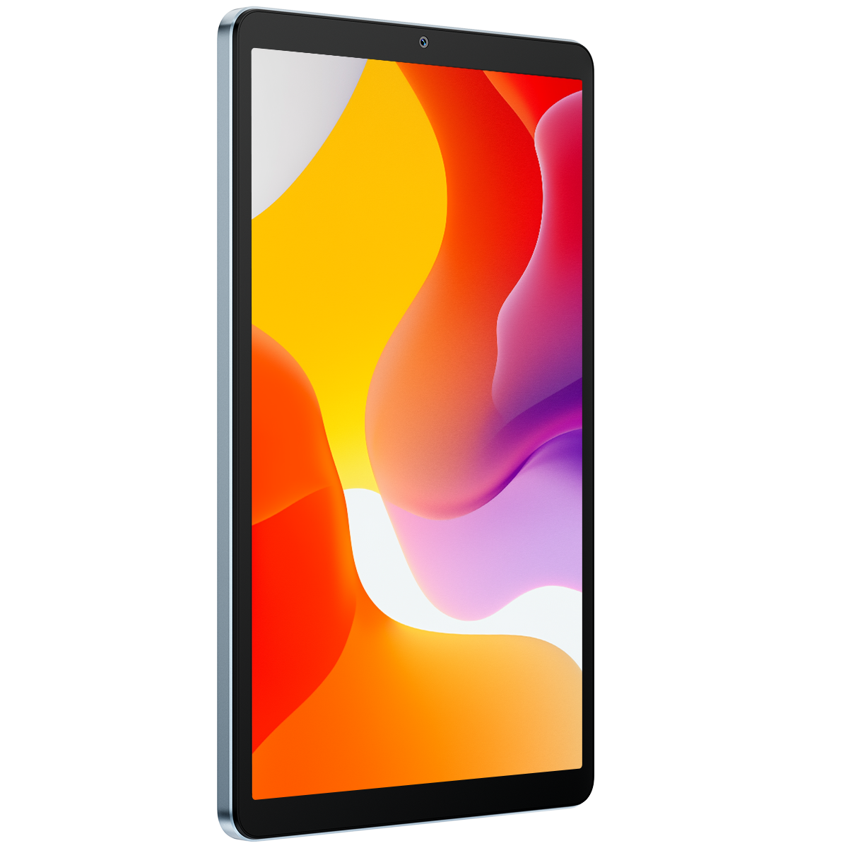 Een tablet met een kleurrijke abstracte achtergrond. De tablet heeft een zwarte rand, een zilveren frame en een camera aan de voorkant.