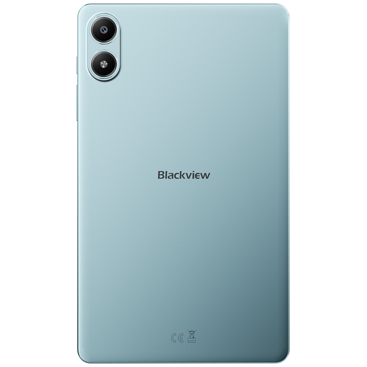 Parte trasera de una tableta azul claro. Dos lentes de cámara están alineadas verticalmente en la parte superior izquierda. El logotipo de Blackview está en el medio.