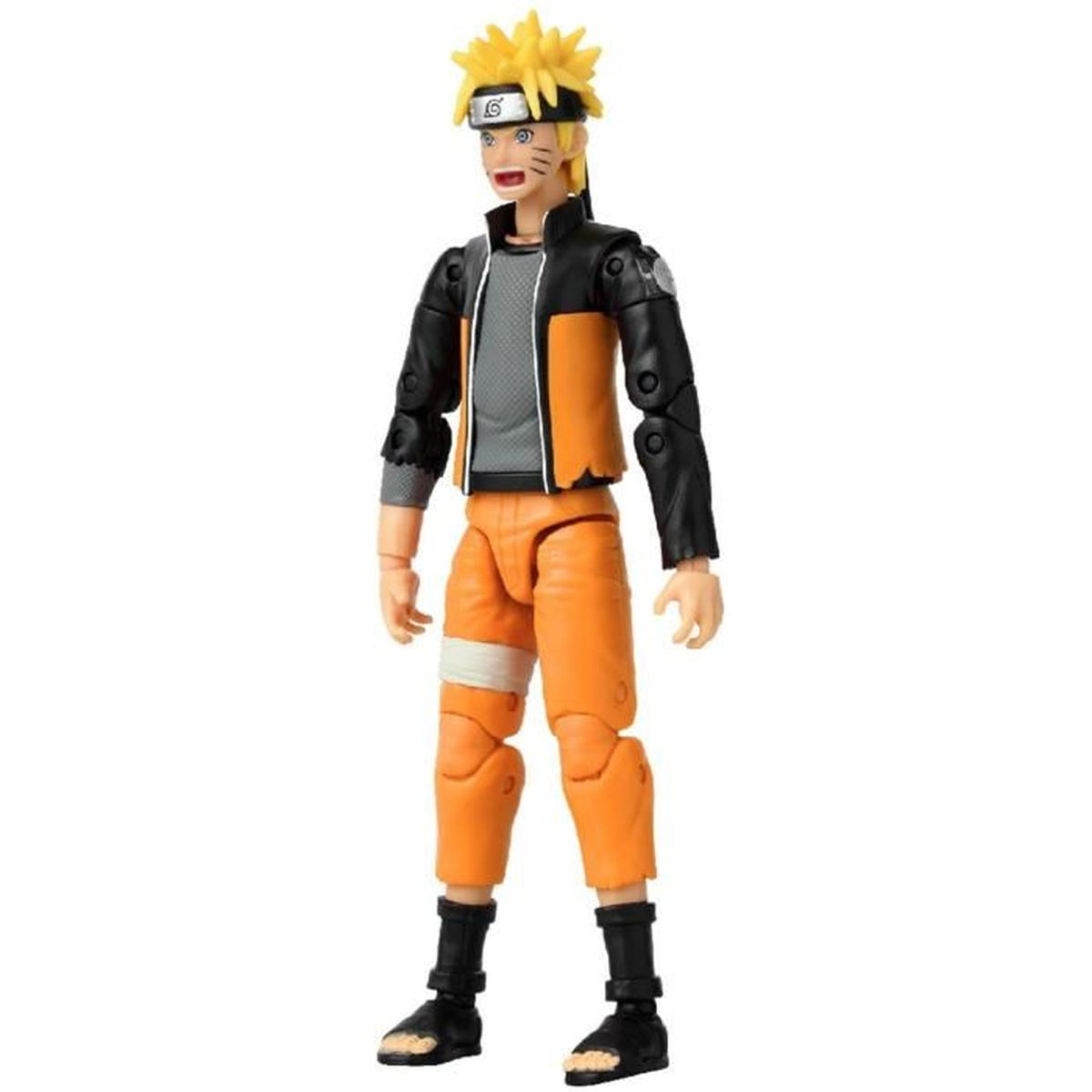 Eine Naruto-Actionfigur steht. Sie hat stachelige blonde Haare, orangefarbene Hose, schwarze Sandalen und eine schwarz-orange Jacke.