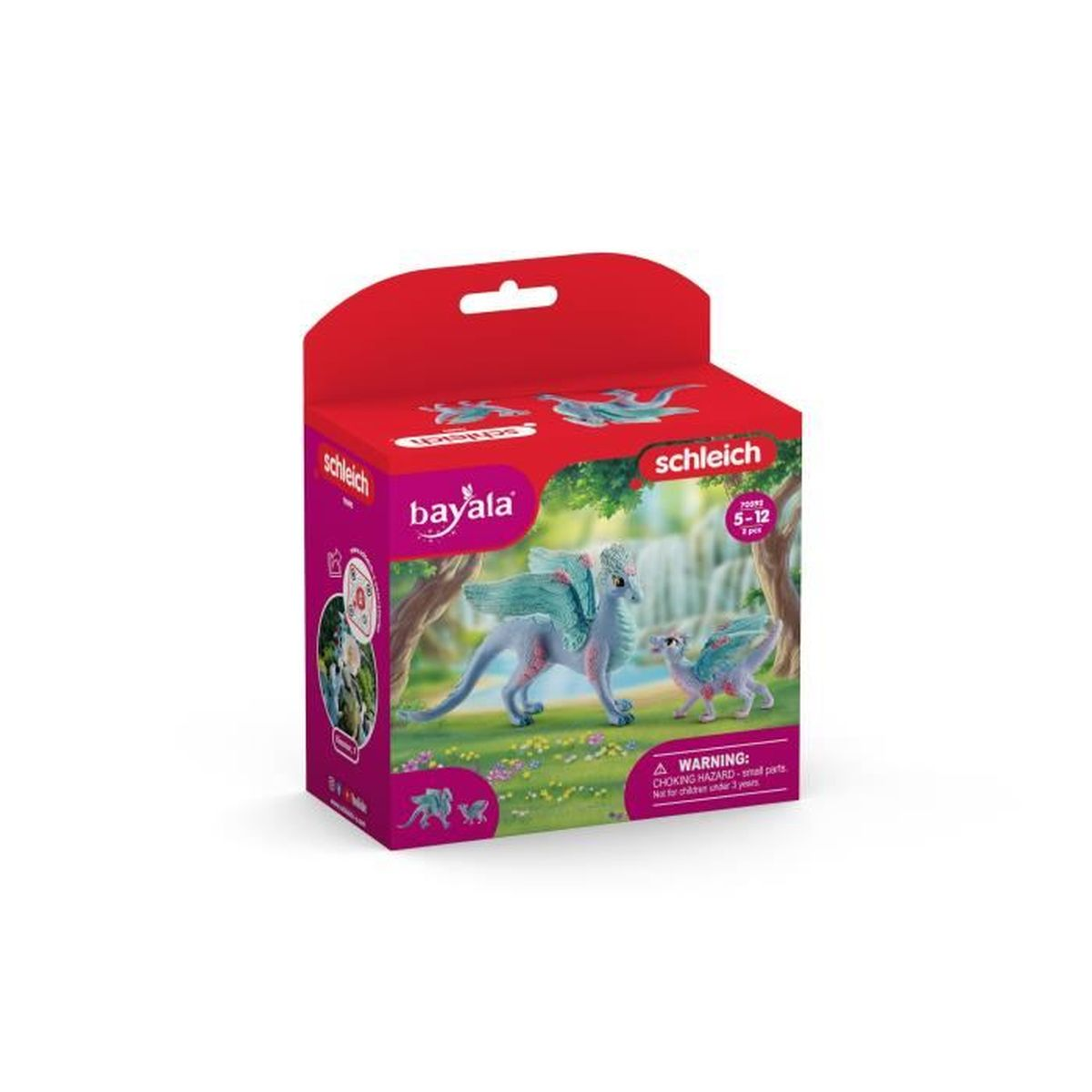 Eine Schachtel mit Schleich Bayala Figuren. Sie zeigt zwei geflügelte Pferdefiguren in einer Waldszene, mit einem Warnhinweis.