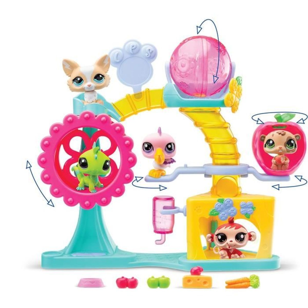 Un colorido juego de juguetes con figuras de animales. Cuenta con una rueda de hámster rosa, una bola transparente y varios juguetes de animales.