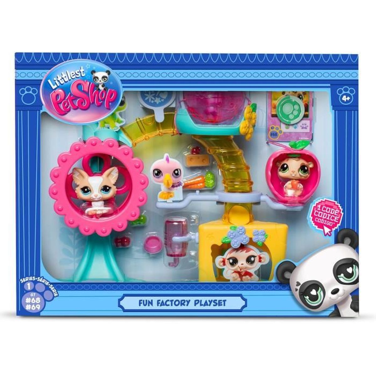 Una caja de juego de Littlest Pet Shop. Cuenta con una rueda de flores rosa, un pájaro, una manzana con una mascota y un panda.