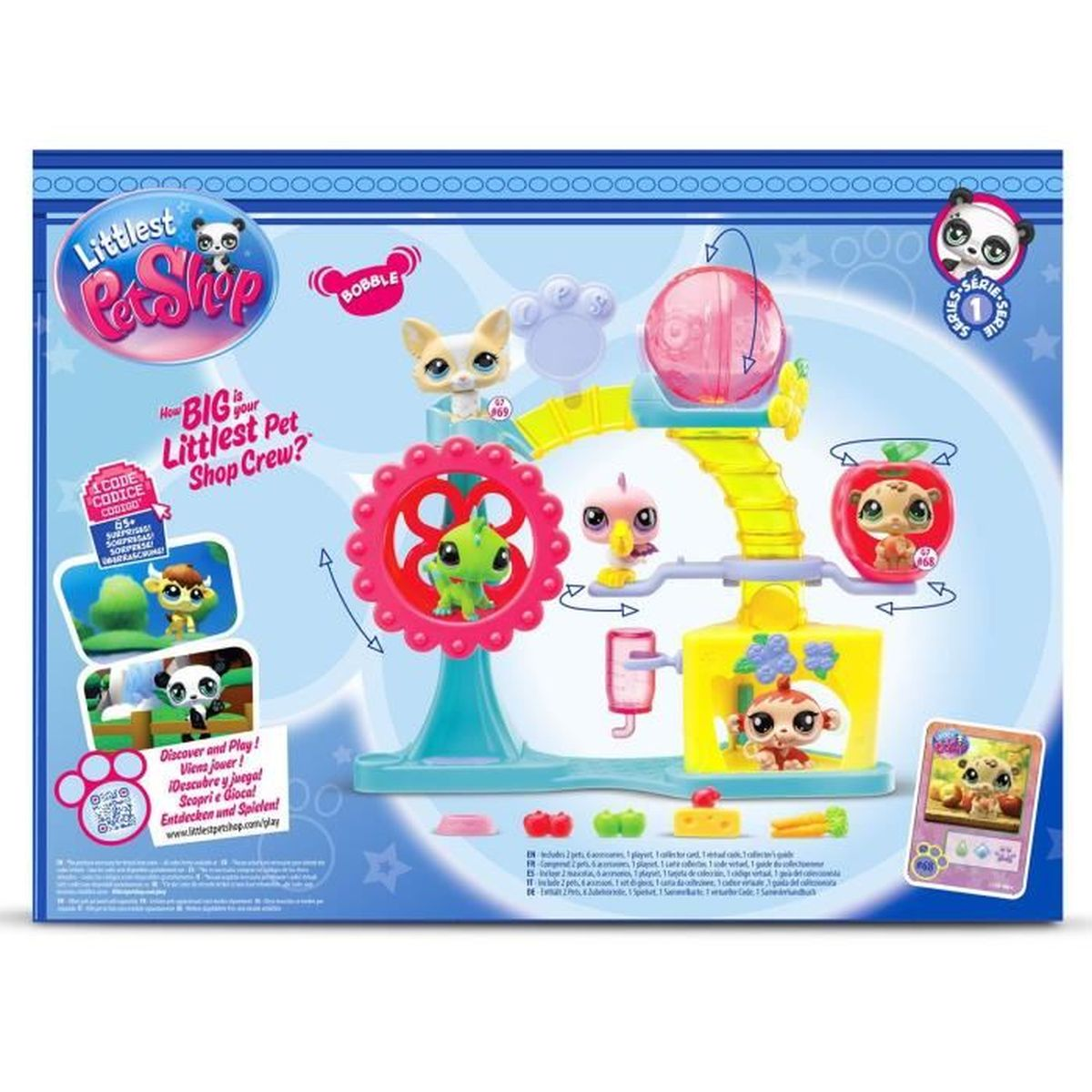 Una caja de juego de Littlest Pet Shop con figuras y accesorios. Presenta una rueda rosa, una estructura amarilla y varios juguetes de animales.