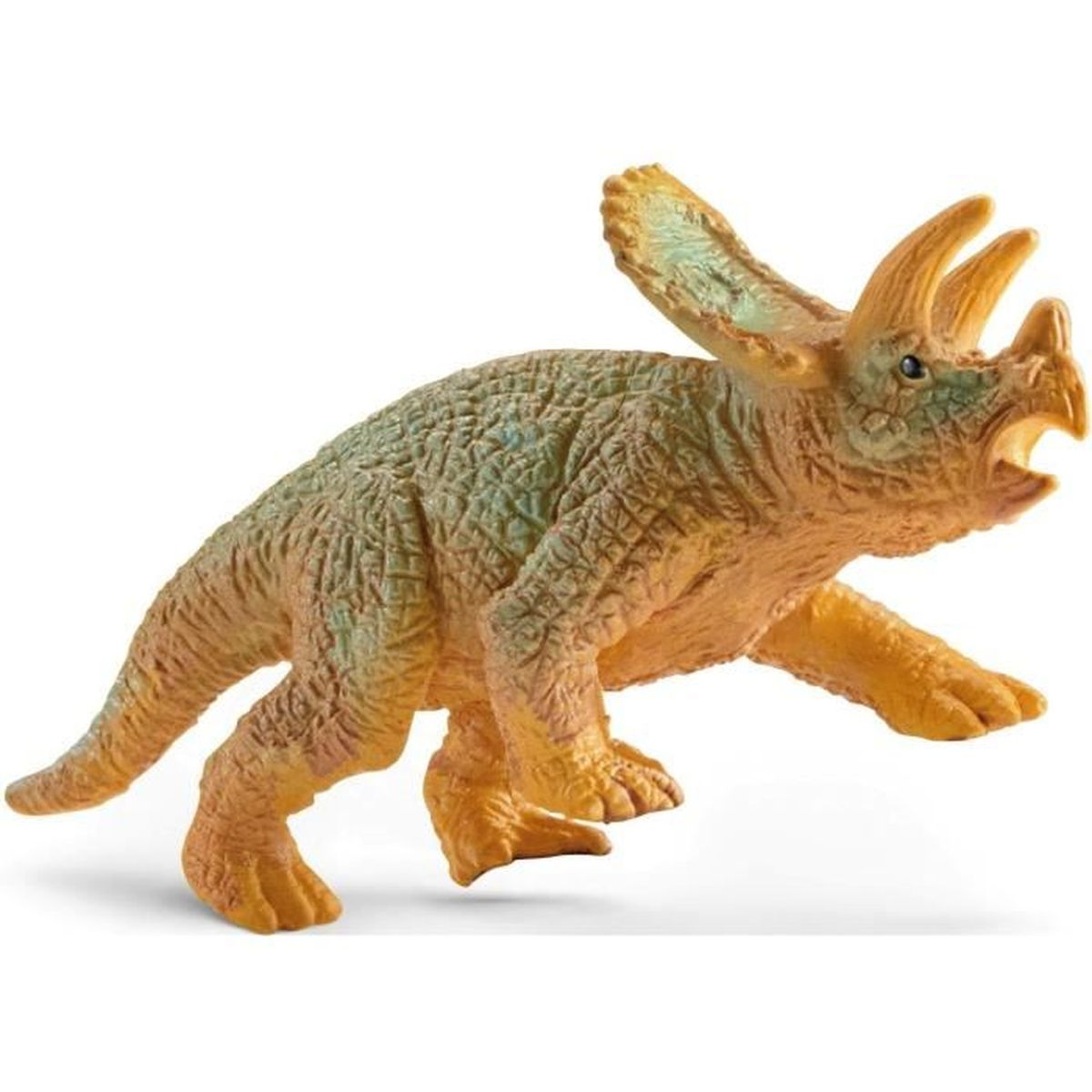 A toy triceratops dinosaur. It is orange and green, with horns and a frill. It is posed in a walking position.