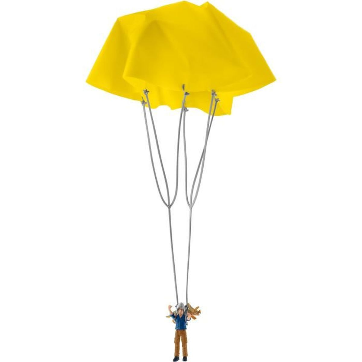 A yellow parachute with a figure hanging below. The figure is a toy man carrying items, suspended by strings.