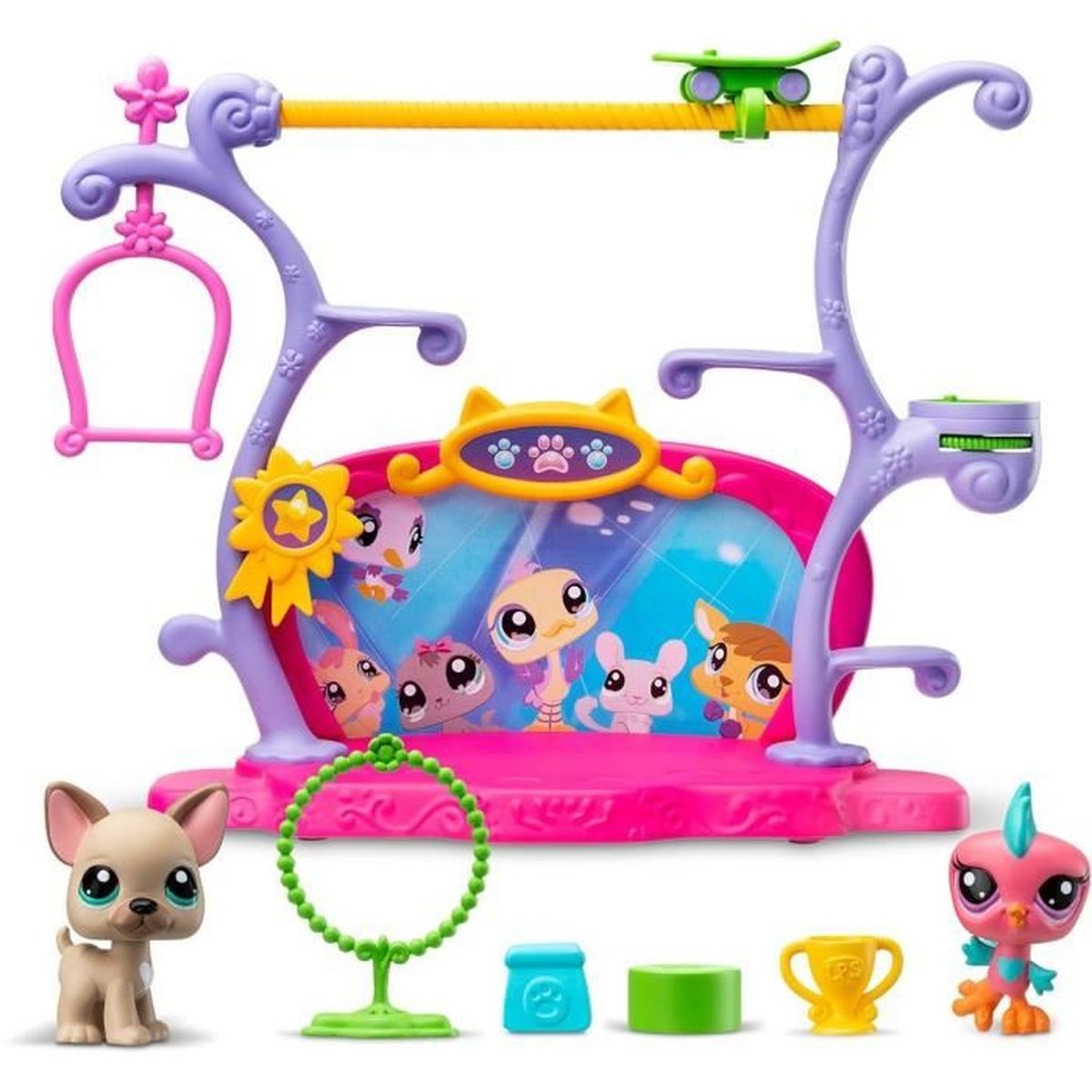 Un juego colorido con animales de juguete. Incluye un perro, un pájaro y varios accesorios como un aro verde y un trofeo dorado.
