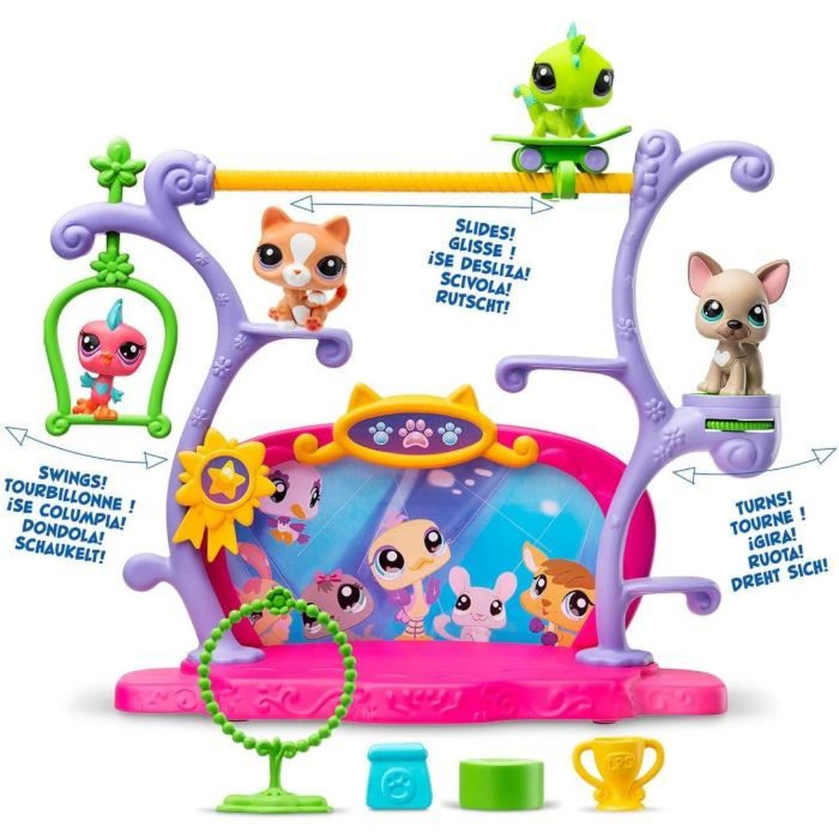 Un colorido juego de juguetes con varias figuras de animales sobre una estructura rosa y morada. Incluye accesorios como un trofeo y un aro verde.