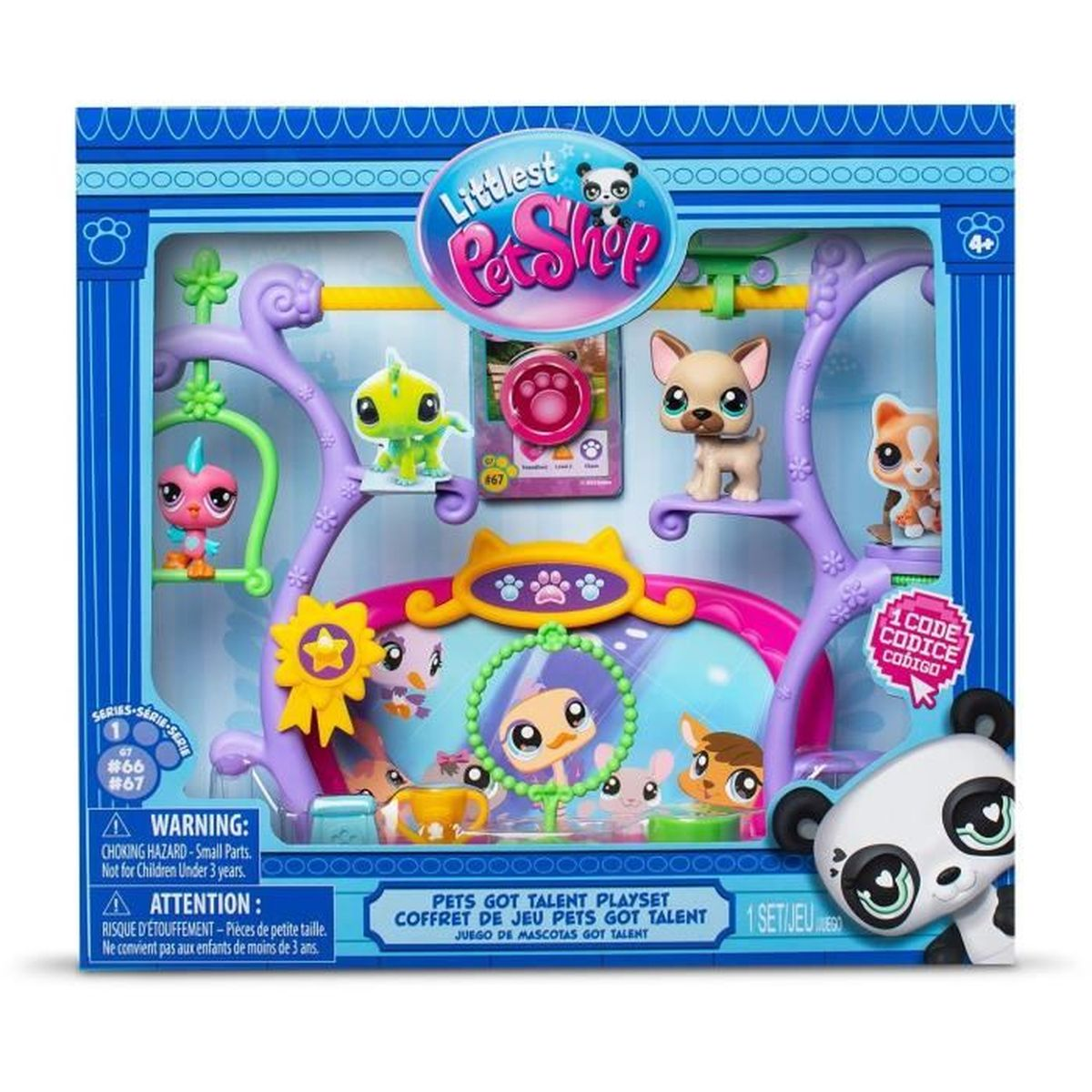 Un juego de Littlest Pet Shop. Cuenta con varios animales de juguete, un panda y una estructura similar a un escenario. La caja es azul.
