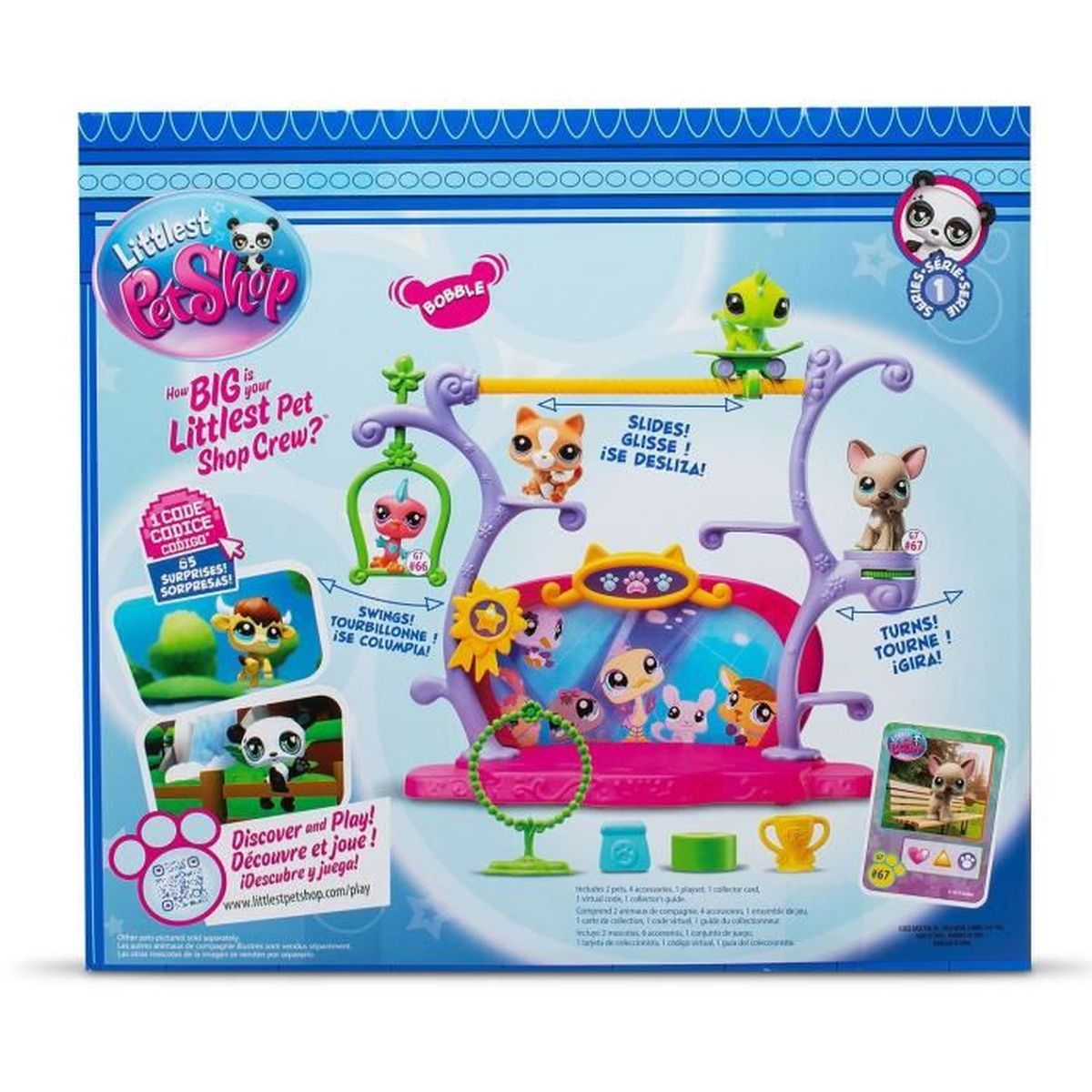 Caja del set de juego Littlest Pet Shop. Incluye mascotas de juguete, accesorios y un código para jugar en línea. Colorido, con animales de juguete.