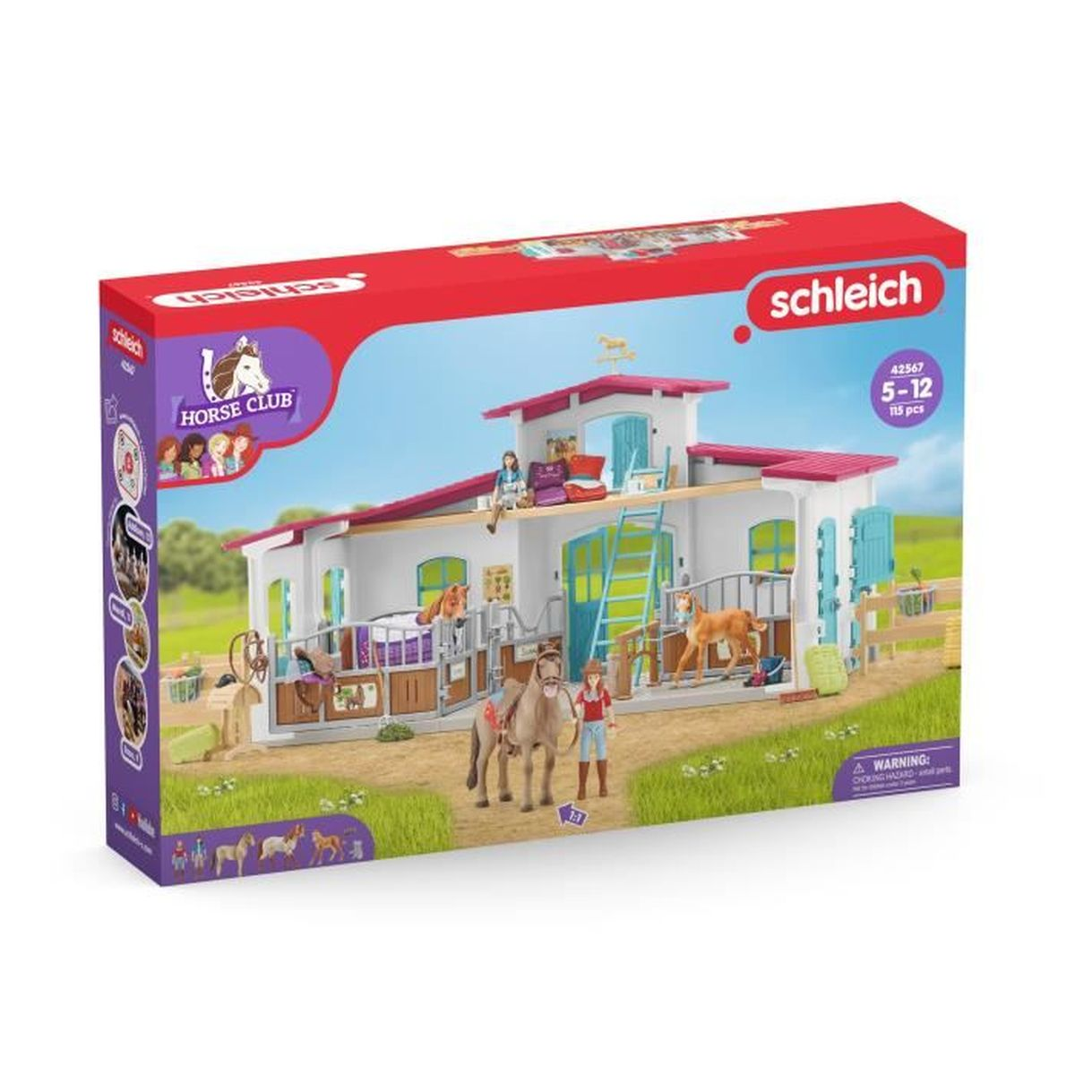 Eine Schleich Horse Club Spielset-Box. Sie zeigt einen Stall mit Pferden und Figuren. Die Box ist rot und weiß mit Produktdetails.