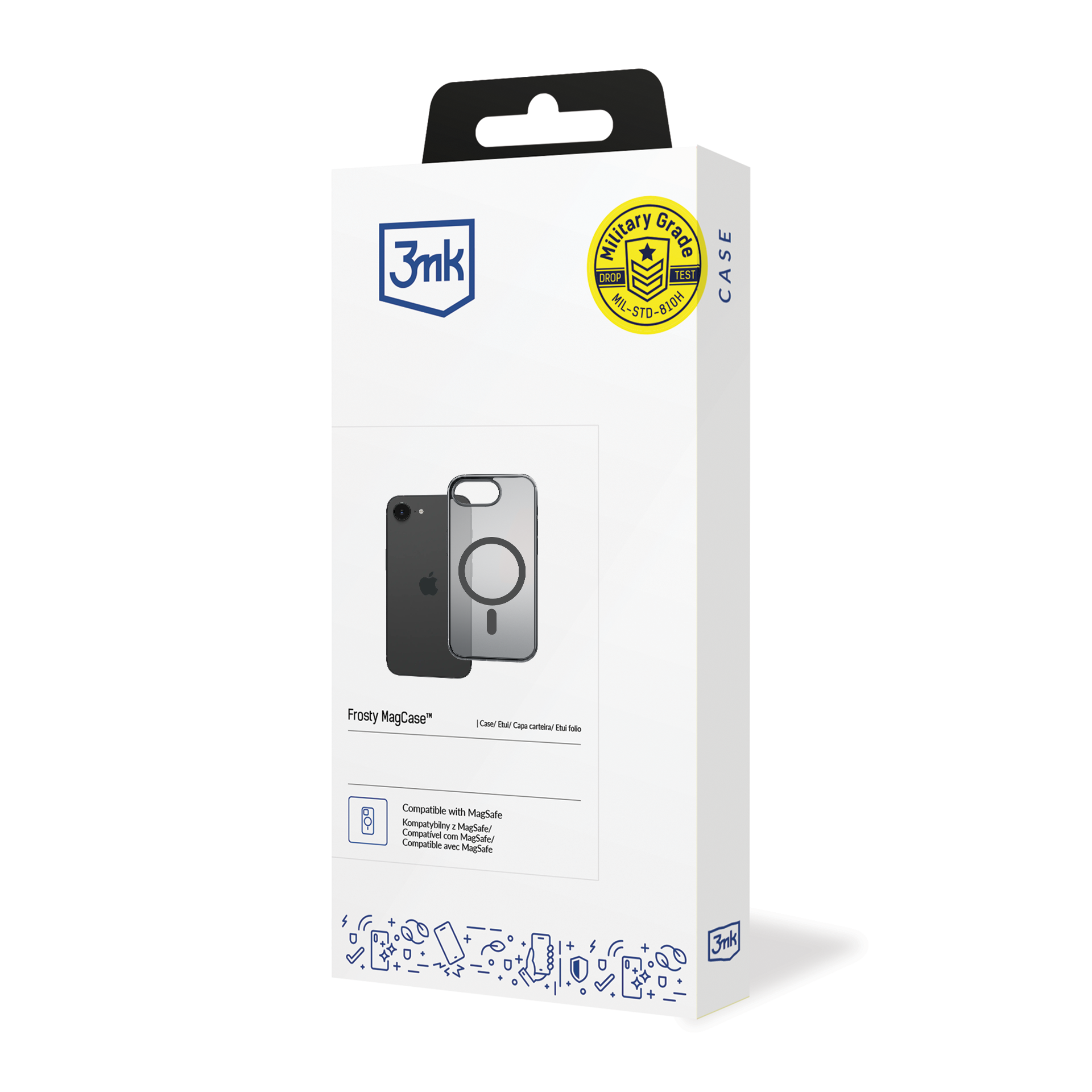 Białe pudełko z etui na telefon, logo marki i etykietą klasy wojskowej. Etui jest przezroczyste i czarne.