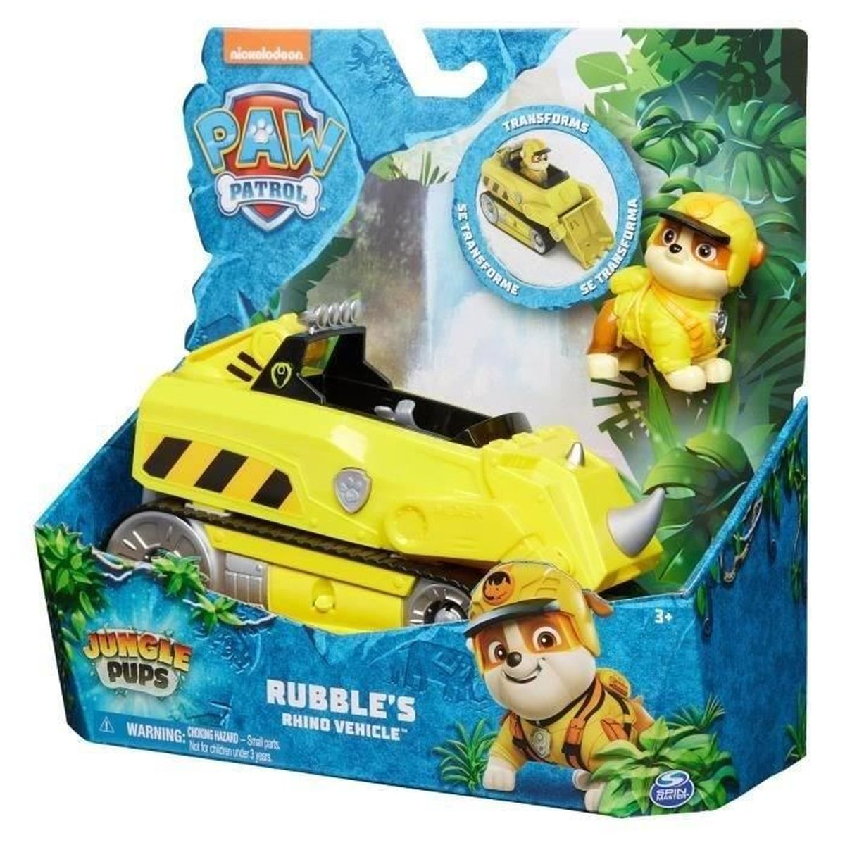 Ein gelbes Spielzeugfahrzeug im Nashorndesign und eine Figur von Paw Patrol. Die Box zeigt das Jungle Pups-Thema und Rubble.