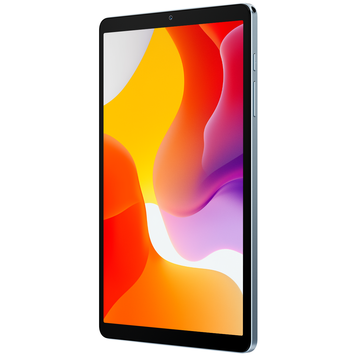 Una tableta con pantalla colorida que muestra formas abstractas naranja, amarillas y moradas. La tableta tiene un marco azul claro.