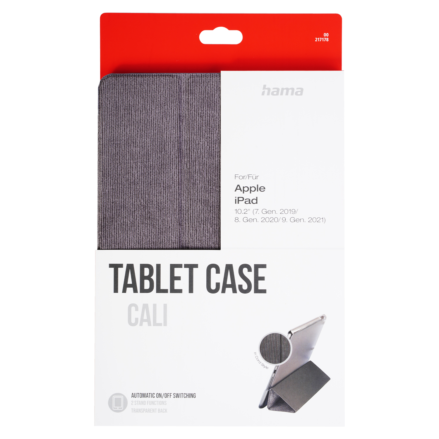 Tablet-Hüllenverpackung. Roter Deckel, weißer Hintergrund mit Produktinformationen und einem Foto der Hülle. Marke Hama, für Apple iPad.