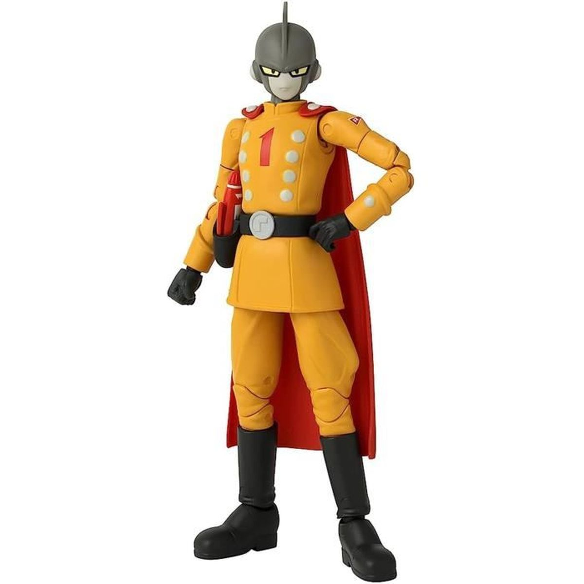 Eine gelbe Figur mit rotem Umhang, schwarzen Stiefeln und einem Helm. Auf der Brust ist eine 1 und schwarze Handschuhe.