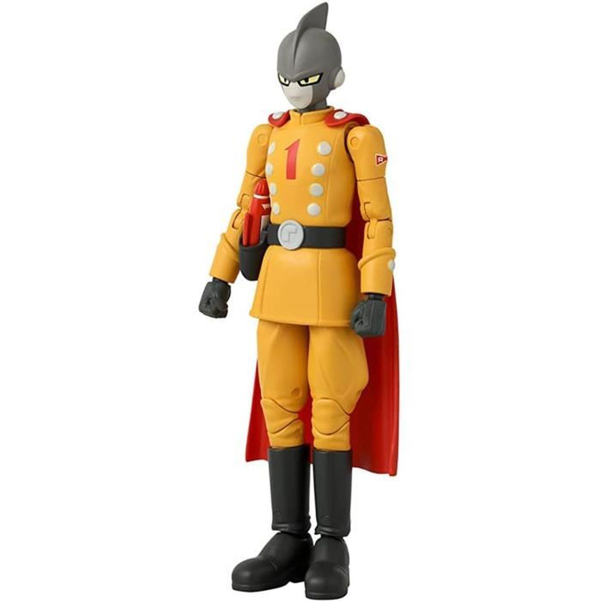 Eine gelb gekleidete Actionfigur mit grauem Kopf, schwarzen Stiefeln und rotem Umhang. Sie hat die Nummer 1 auf der Brust.