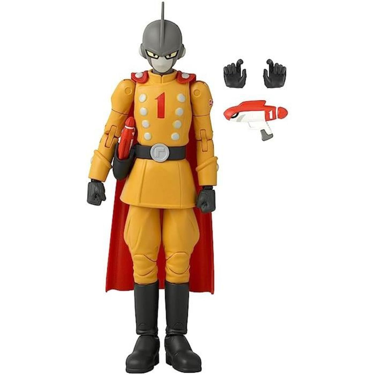 Eine gelb-rote Actionfigur einer Figur mit Helm, Umhang und Zubehör wie Handschuhen und einer Pistole.