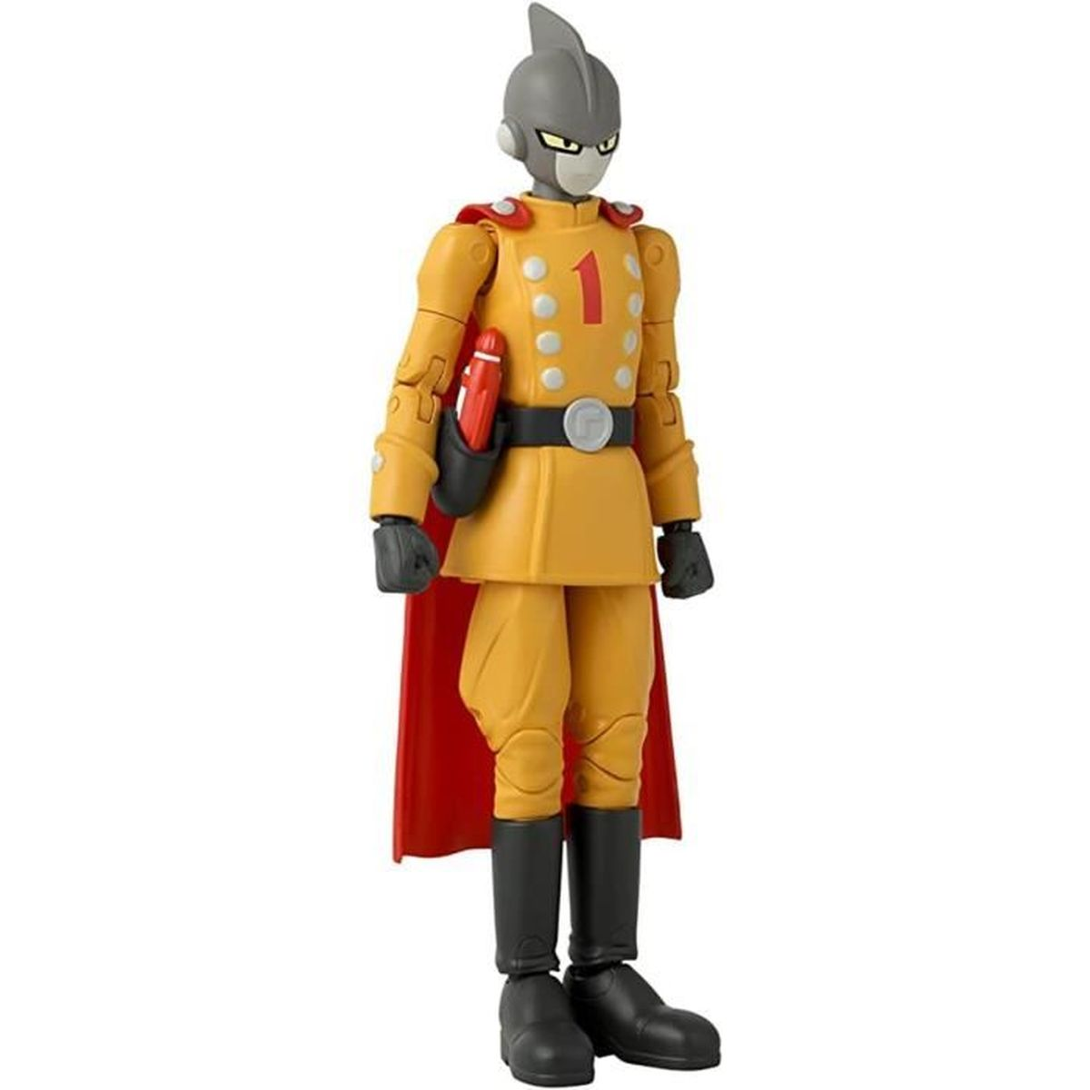 Eine gelb gekleidete Actionfigur mit grauem Kopf, rotem Umhang und schwarzen Stiefeln. Die Figur hat die Nummer 1 auf der Brust.