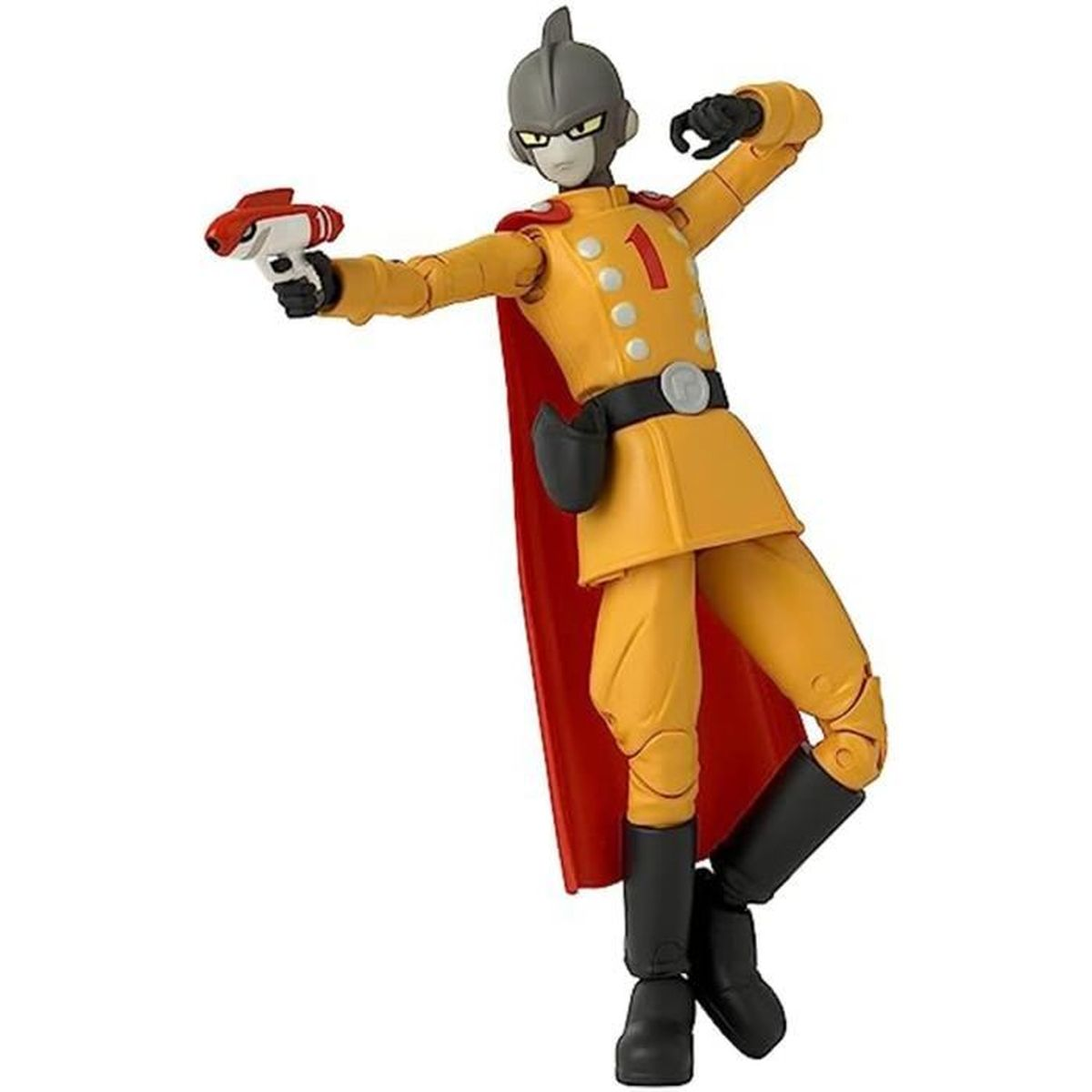 Eine gelb gekleidete Actionfigur mit rotem Umhang, Helm und Blaster. Sie ist dynamisch posiert und hält den Blaster. Ein schwarzer Gürtel und Stiefel.