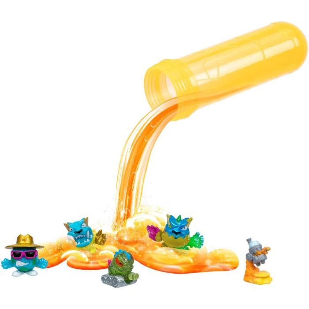 Żółty płyn wylewa się z pojemnika na figurki. Kilka kolorowych zabawek-potworów jest rozrzuconych wokół płynu.