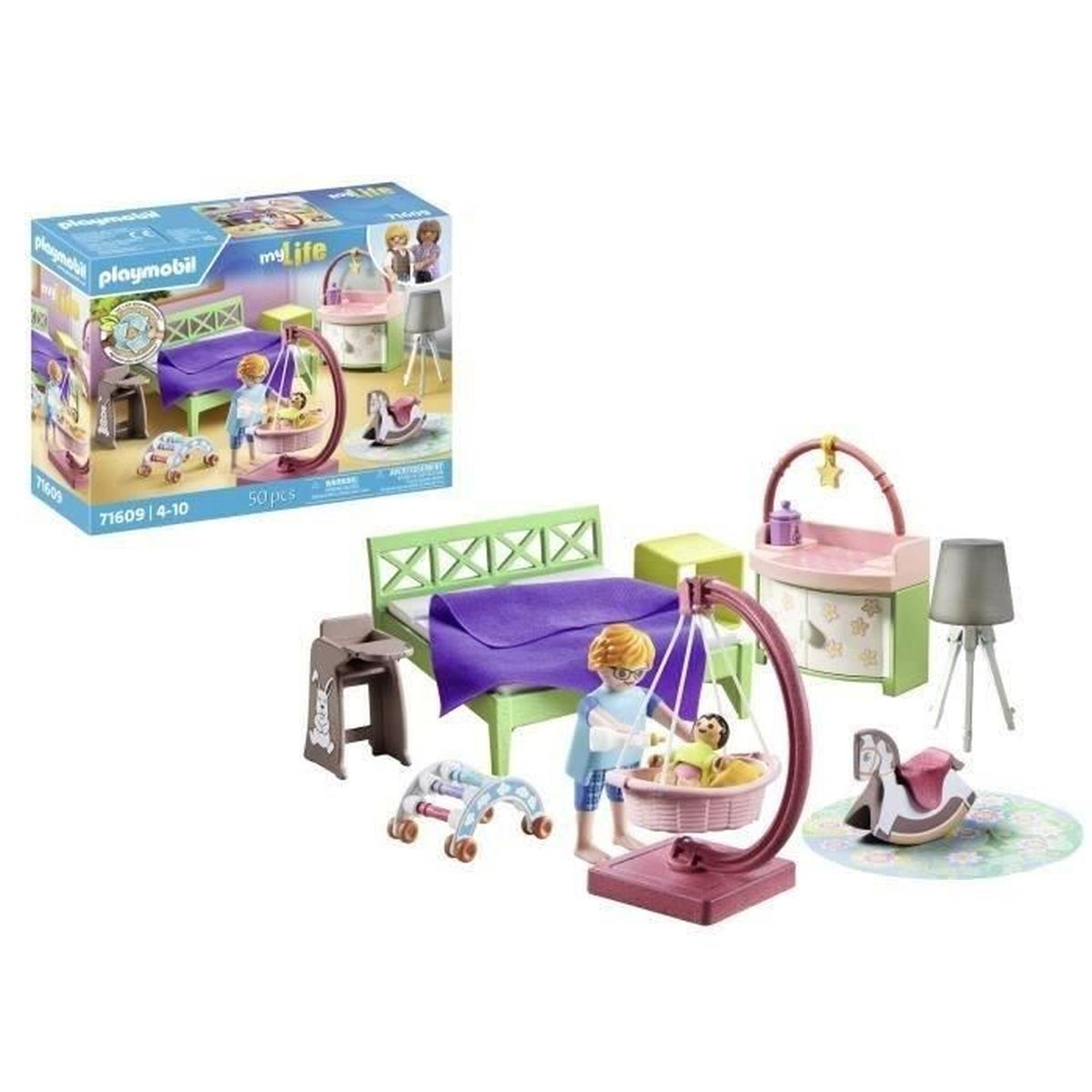 Playmobil-Babystation mit Bett, Schaukel, Wickeltisch, Lampe, Gehhilfe und Schaukelpferd. Eine Figur kümmert sich um ein Baby.