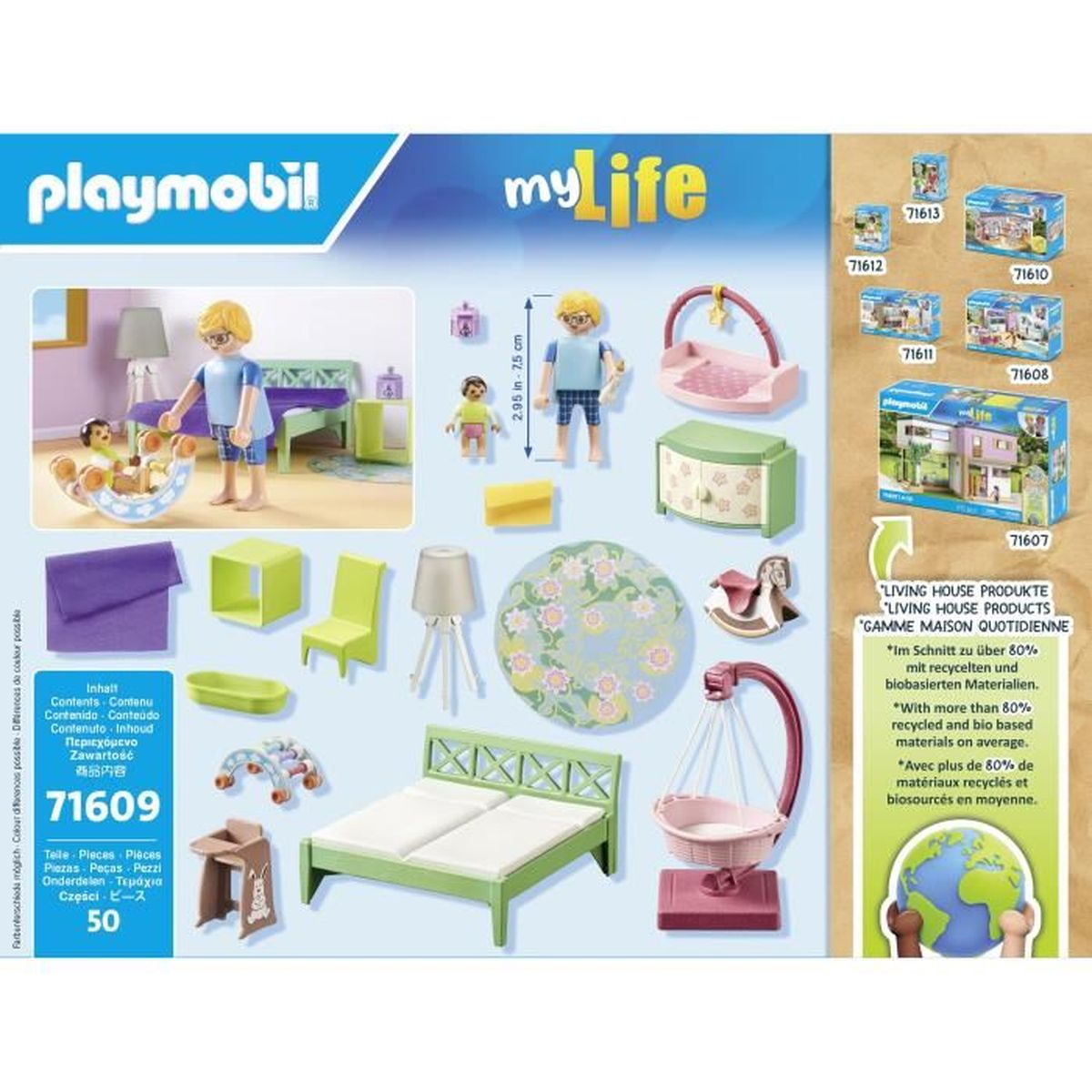 Playmobil My Life Set mit Spielzeug und Figuren, darunter ein Bett, eine Krippe, eine Puppe und Möbel, mit grünem Hintergrund.