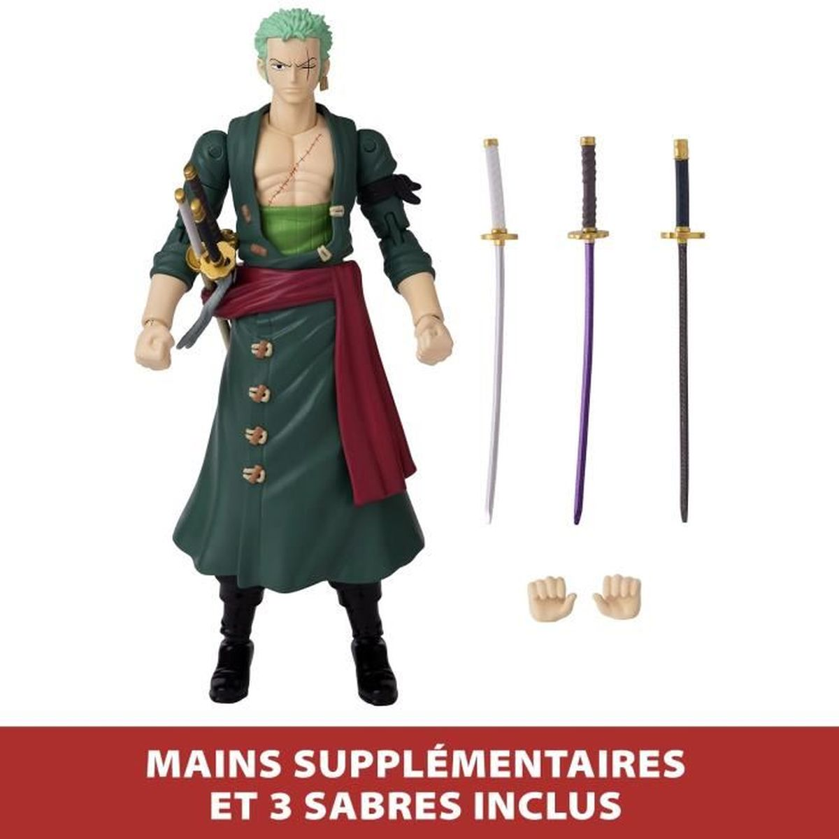 Figura de un hombre con pelo verde y ropa verde, sosteniendo una espada. Incluye tres espadas y dos manos. Texto en la parte inferior.