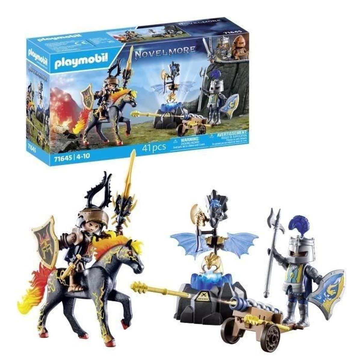 Playmobil Novelmore Set mit Rittern, Pferden, einer Kanone und einer Festung auf blauem Grund. Die Box ist oben.