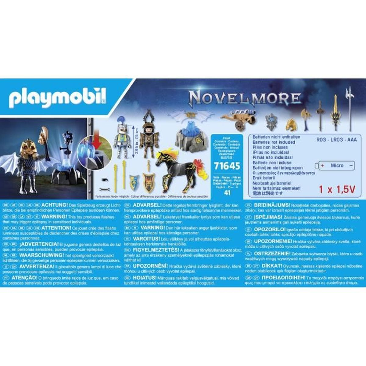 Spielzeugbox mit Figuren, Pferd und Textwarnungen vor Epilepsie.