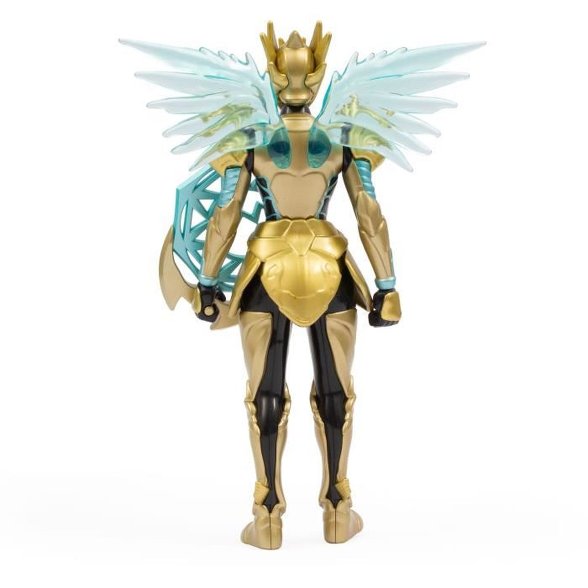 Eine goldene Actionfigur mit blauen Flügeln steht da. Sie hat eine Krone und Rüstung. Schwarze Hose und Stiefel vervollständigen den Look.