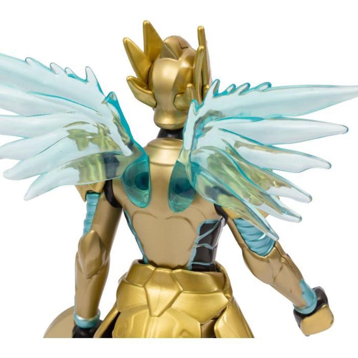 Eine goldene Actionfigur mit blau durchscheinenden Flügeln. Sie hat einen Helm und eine Rüstung. Der Rücken der Figur ist im Fokus.