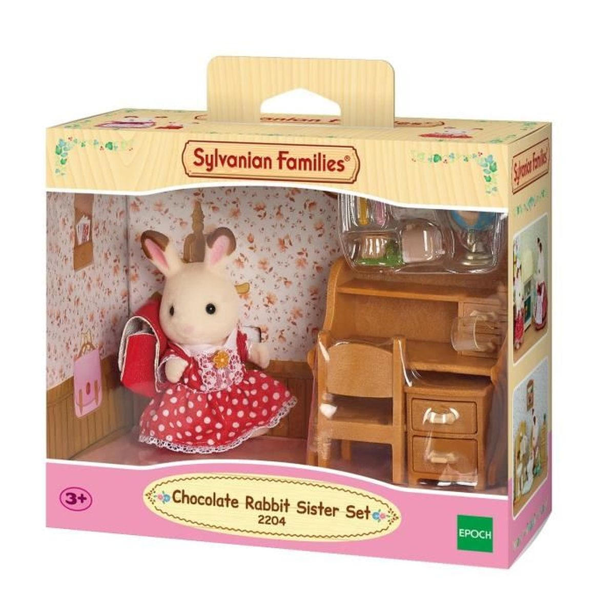 Un juego de juguetes de Sylvanian Families. Muestra una muñeca conejo con un vestido rojo, un escritorio escolar, una silla y una caja con el nombre.