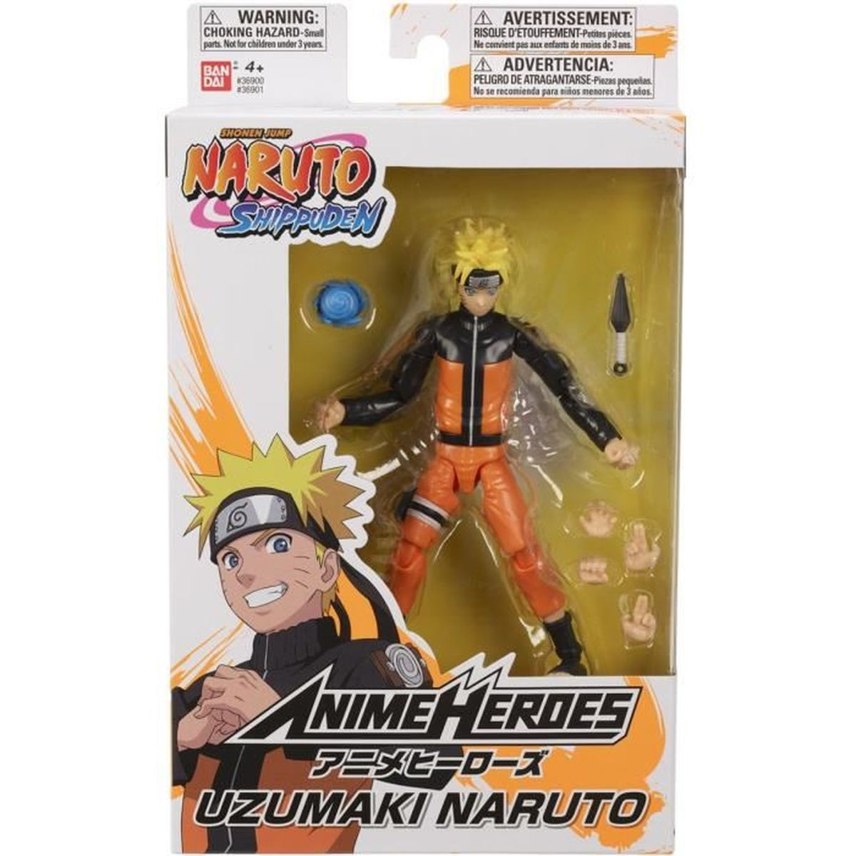 Una figura de acción de Naruto Shippuden en una caja. Presenta a Naruto con su icónico atuendo naranja y negro.