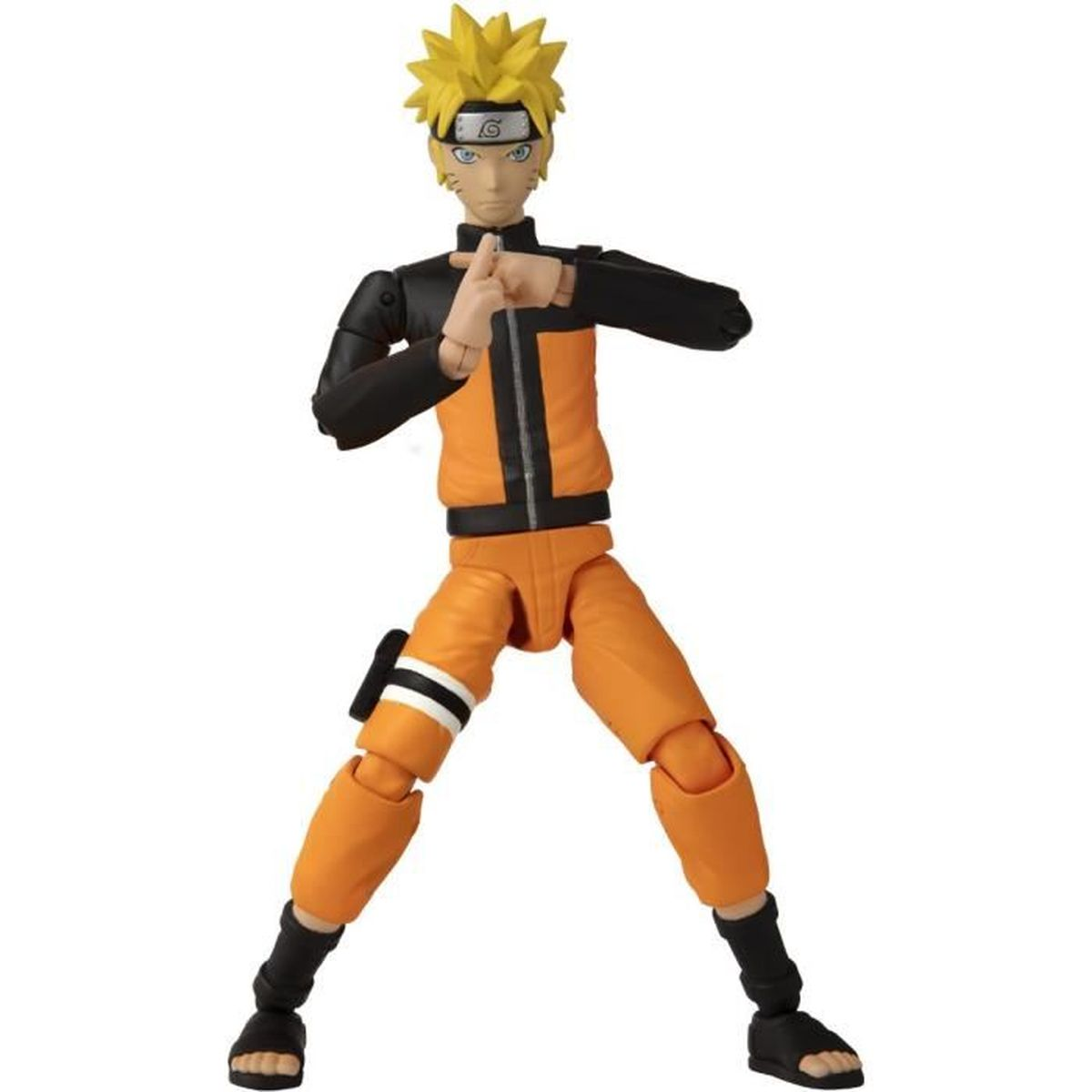 Una figura de acción de Naruto con un atuendo naranja y negro, cabello amarillo puntiagudo, gestos y sandalias negras.