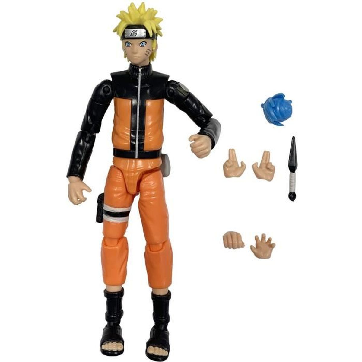 Figura de acción de Naruto con traje naranja y negro, con manos extra, un shuriken y una pieza de pelo azul, sobre fondo blanco.