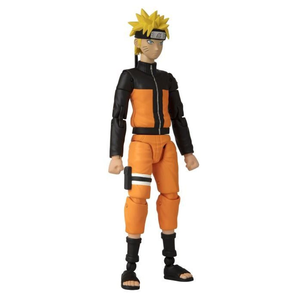 Figura de acción de Naruto con traje naranja y negro. Pelo amarillo puntiagudo, sandalias negras y una diadema con símbolo.