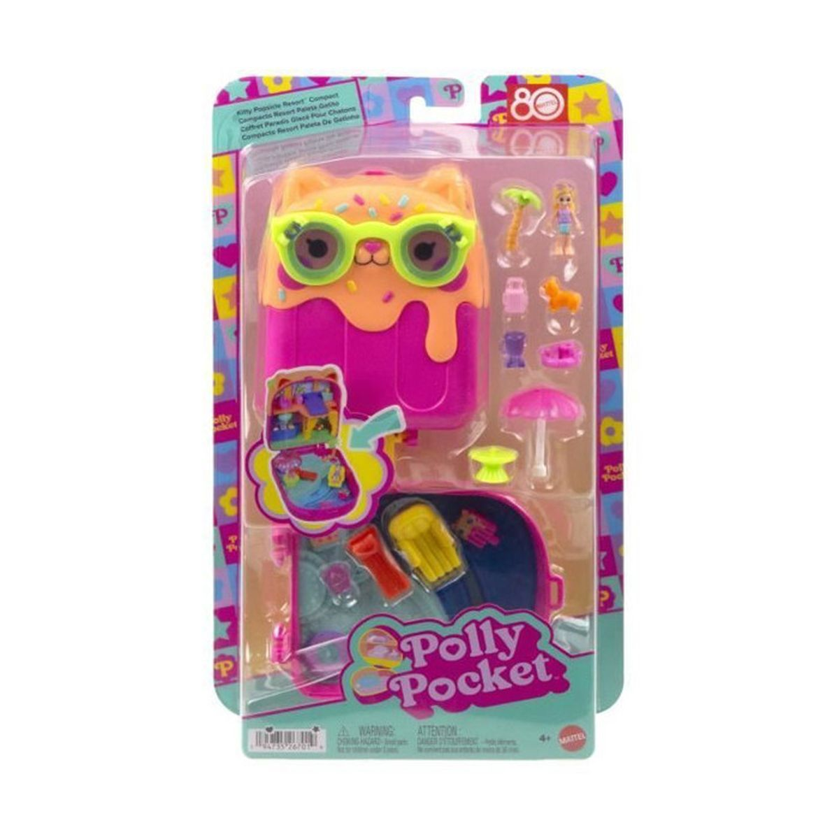Zestaw do zabawy Polly Pocket. Ma kształt lodów dla kota. Akcesoria obejmują małą figurkę, psa, parasol i stół.