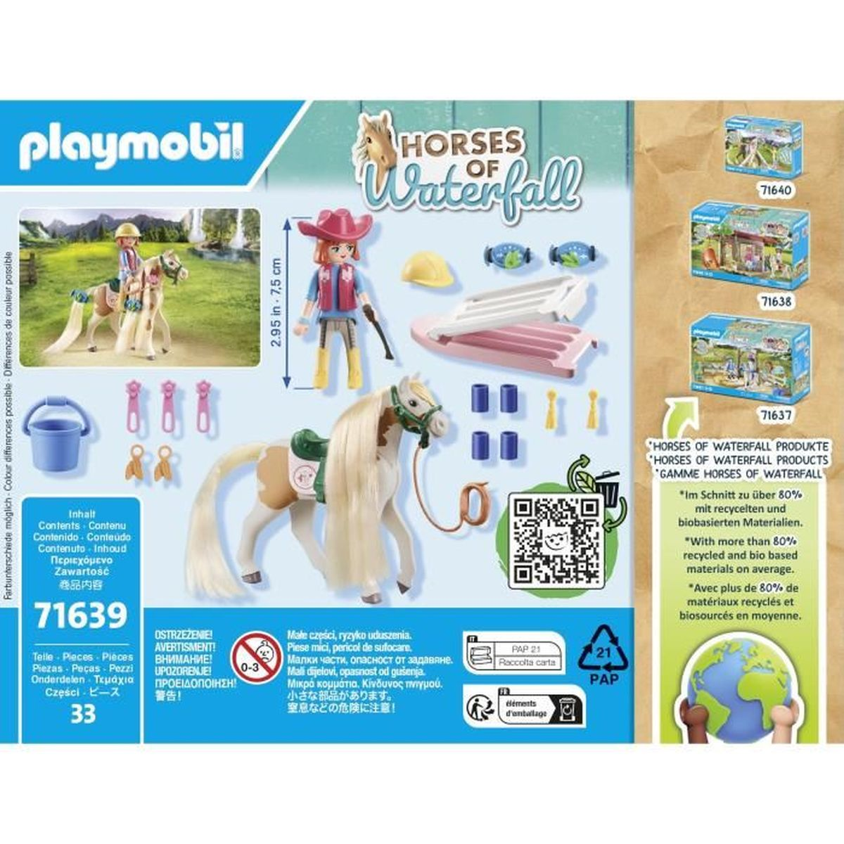 Set scatola Playmobil. Presenta un cavallo, un cavaliere, accessori e testo promozionale. La scatola è verde, bianca e blu.