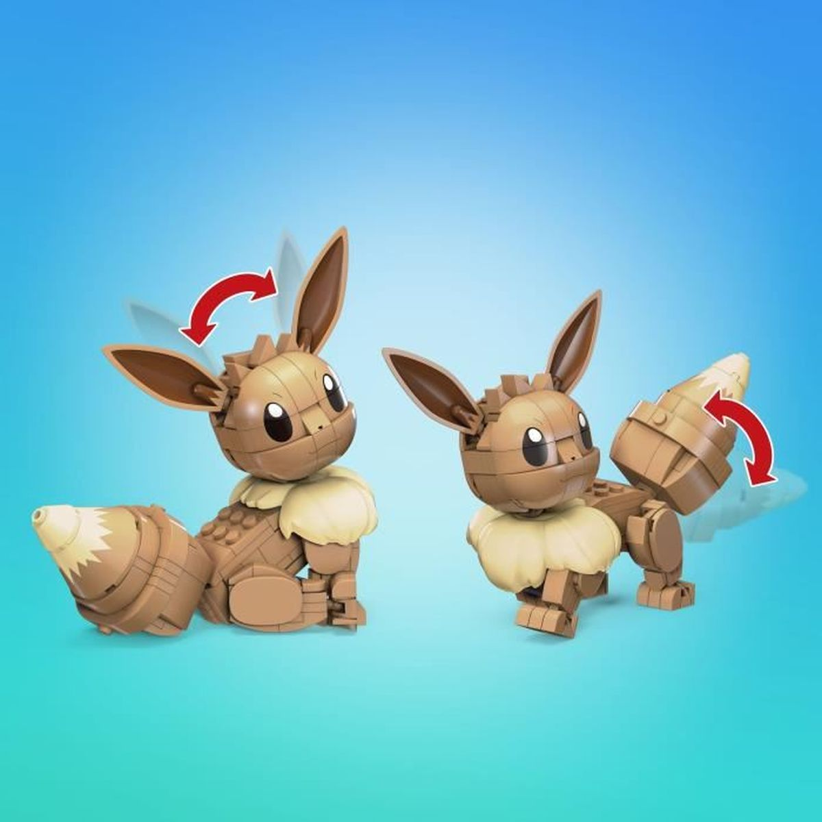 Zwei Eevee-Figuren, braun und beige, aus Bausteinen. Eines hat einen beweglichen Schwanz und Ohren, angezeigt durch rote Pfeile, auf blauem Hintergrund.
