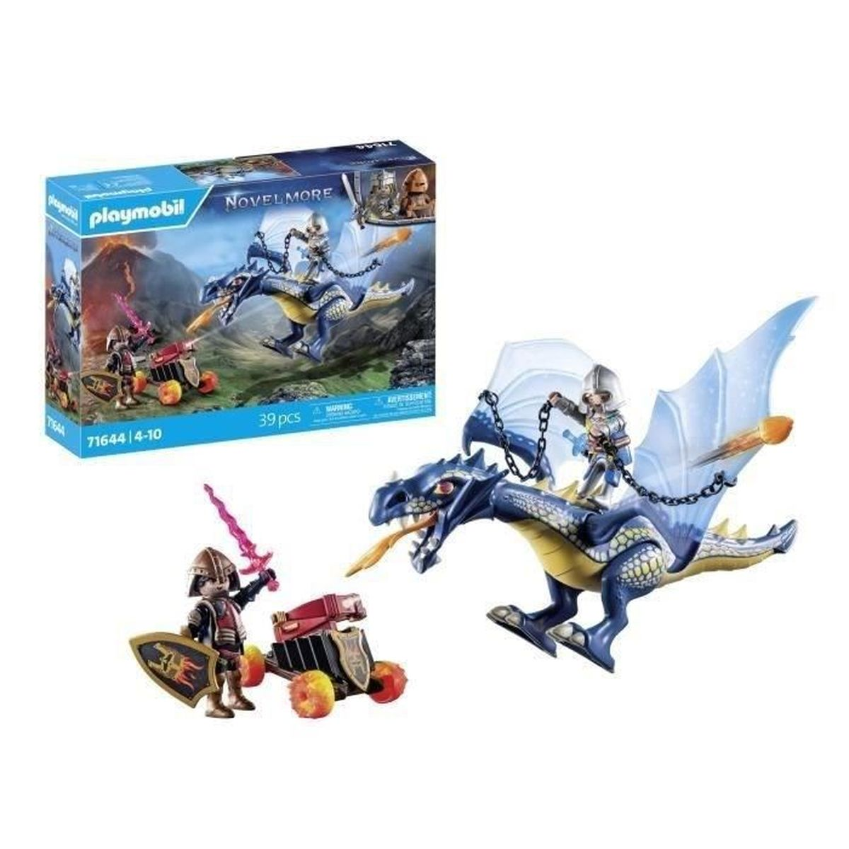 Playmobil Novelmore Set. Mit einem blauen Drachen mit Ritter, einem Ritter mit Schwert und Schild und einer Kanone auf Rädern.