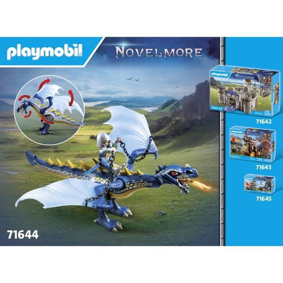 Ein Playmobil Novelmore Drachenspielzeug. Ein Ritter reitet auf dem blauen Drachen, der Feuer speit. Kartons mit anderen Novelmore-Sets werden gezeigt.