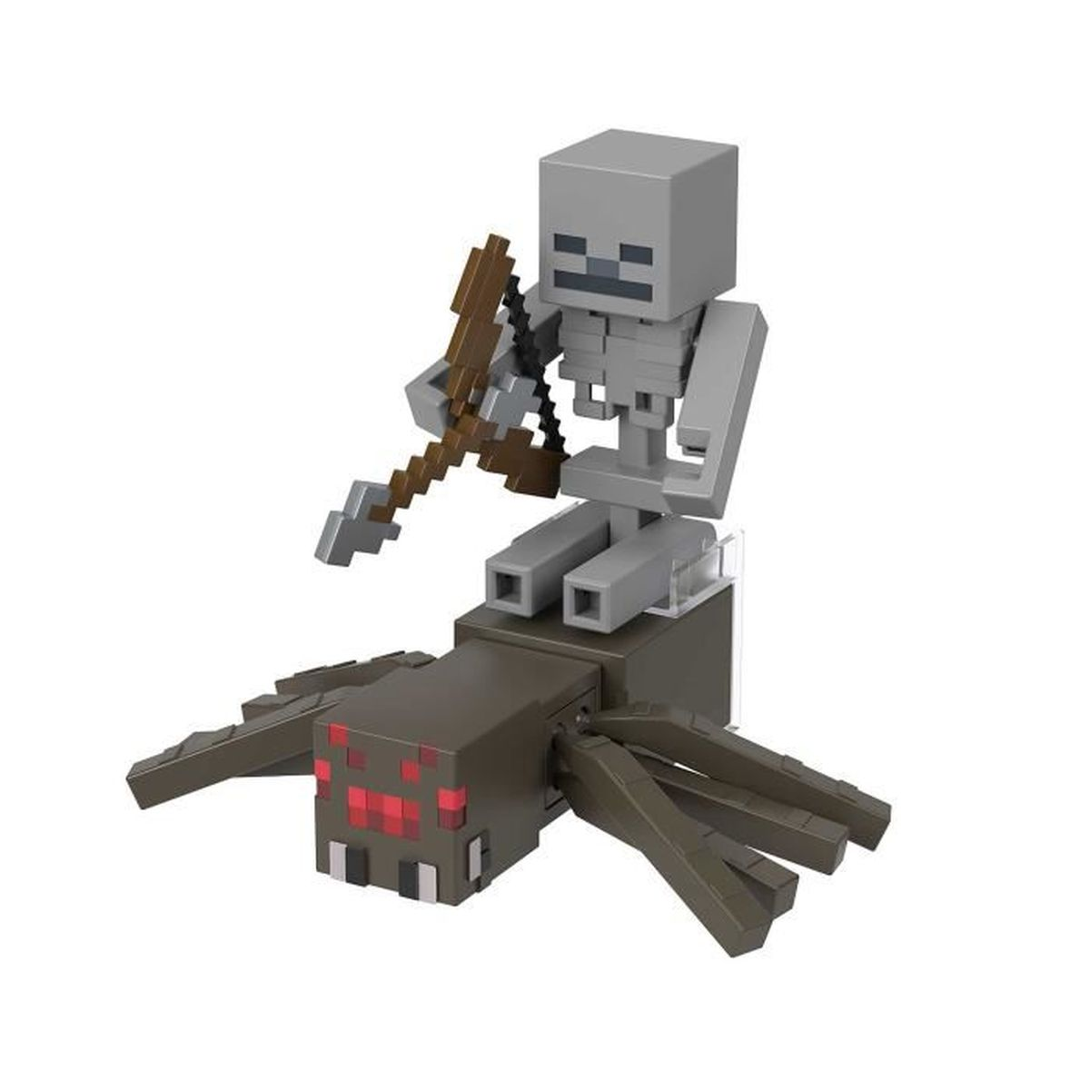 Una figura de esqueleto de Minecraft montada en una araña. El esqueleto sostiene un arco. La araña es marrón con ojos rojos.