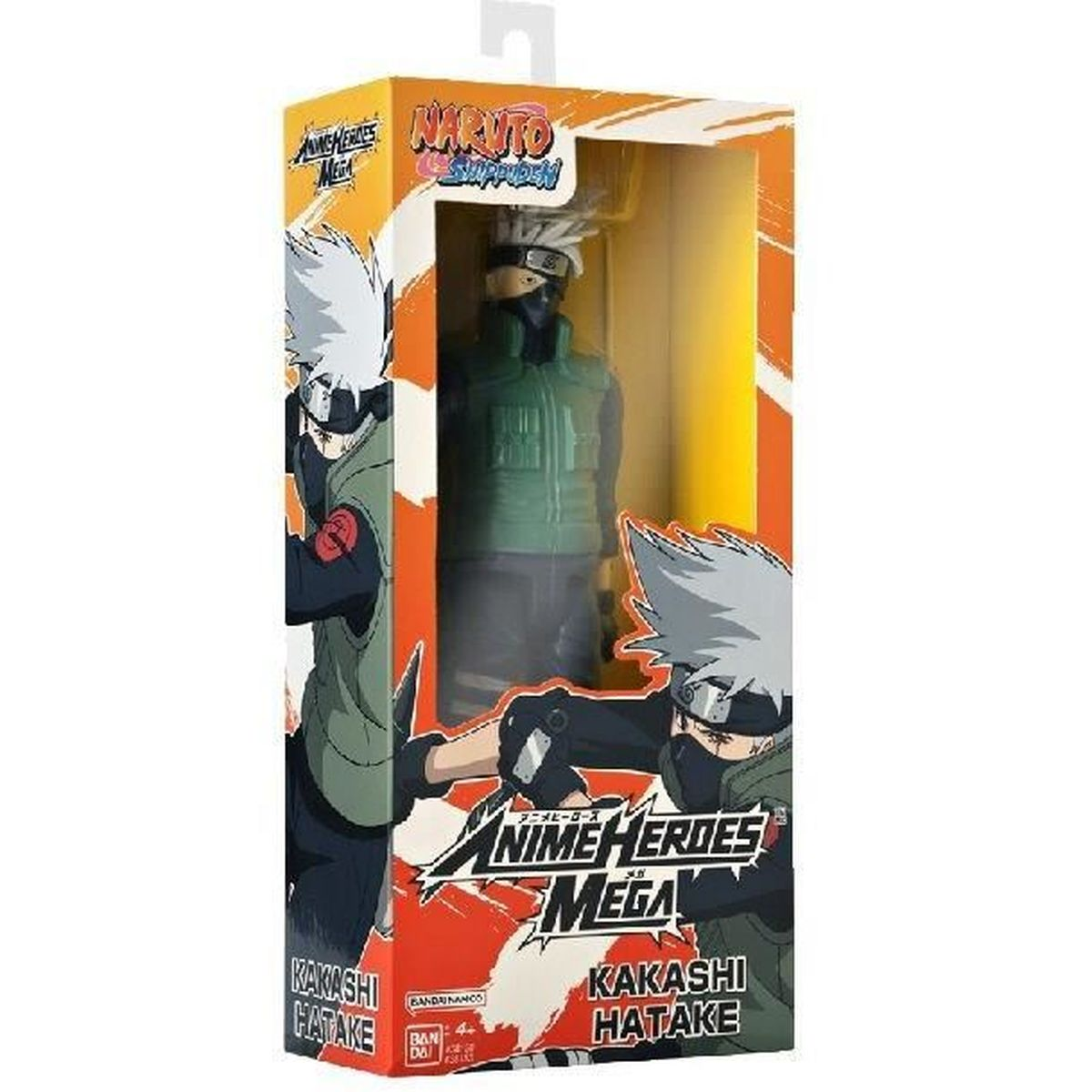 Figurka Kakashi Hatake w pudełku. Pudełko zawiera ilustracje postaci i logo Naruto Shippuden. Figurka jest widoczna.